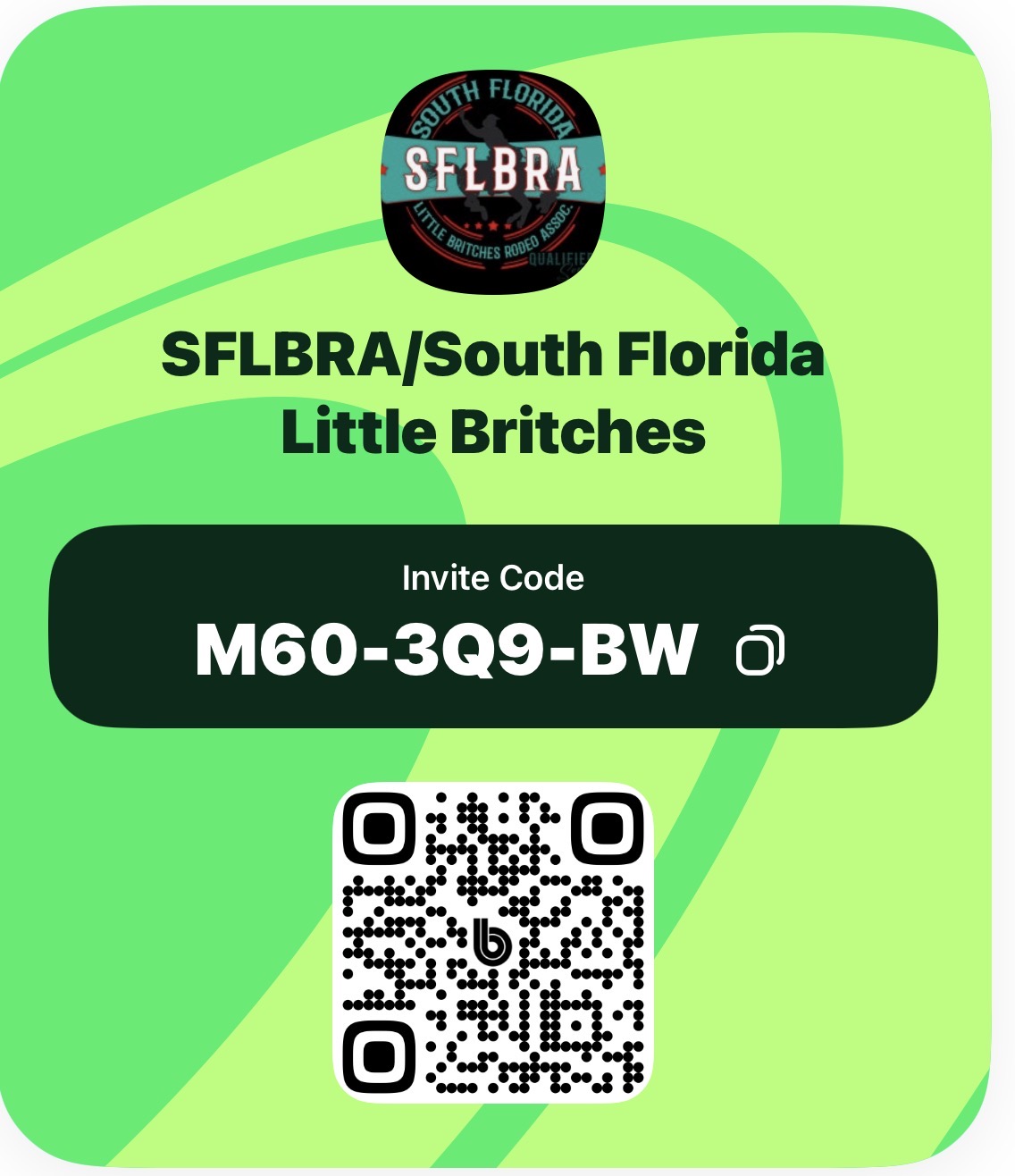 Band app invite card for the South Florida Little Britches group &mdash; scan the QR code to join