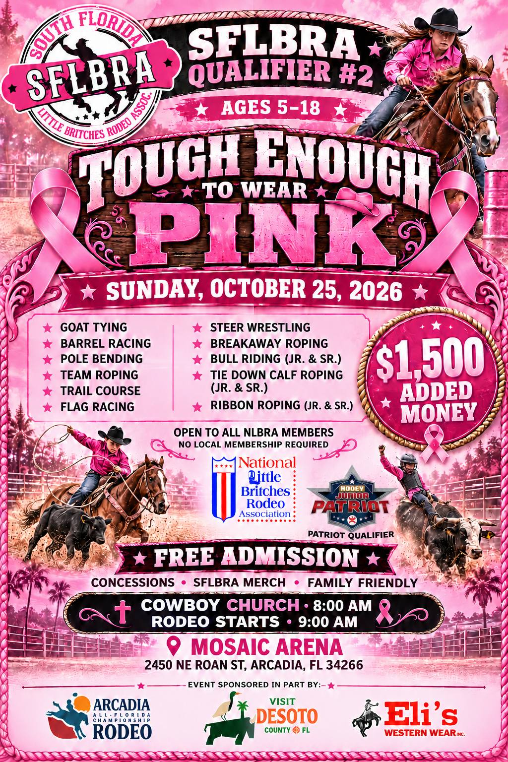 October 2026 SFLBRA Qualifier 2 flyer &mdash; Tough Enough To Wear Pink, Sunday Oct 25 at the Mosaic Arena